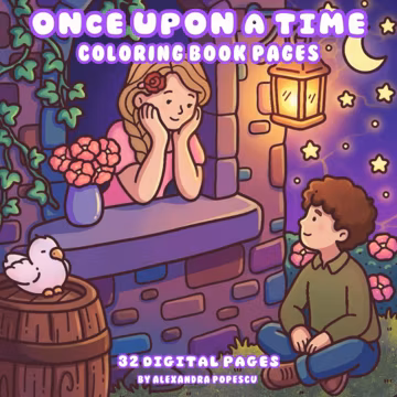Once Upon A Time: 32 Super Cute Coloring Book Pages for Relaxing Featuring Couple Characters | Digital Download | Fairytale Moments