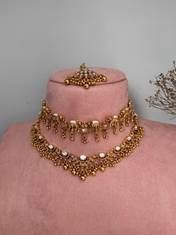 Gold imitation choker double kundan necklace earrings/kundan earrings/indian jewelry/punjabi jewelry earrings green pearl kundan unique ant