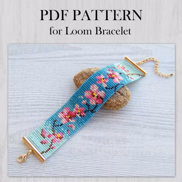 Sakura Loom Bead Pattern, Pink Flower print bracelet pattern, Floral Miyuki Delica Bracelet PDF Pattern, PDF Beading instant download