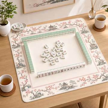 Pink Cherry Blossom Pagoda Mahjong Mat – Chinoiserie Garden Game Surface