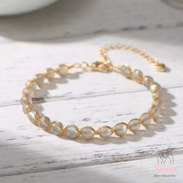 Moonstone Wire Wrapped Bracelet | 14K Gold Filled Wired Bracelets | 6MM Beads Boho Style Jewelry