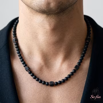 Mens Necklace - Matte Black Onyx Necklace - Cube Lava Choker Protection Necklaces for Men, Boho Style, Premium Gemstone