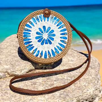 Blue Round Rattan Crossbody Bag