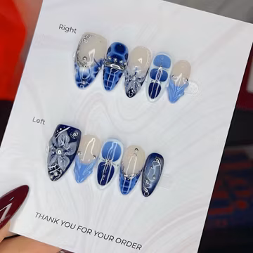 Blue Chrome Marble Press On Nails, Shell 3D Gel, Crystal Accents F1664