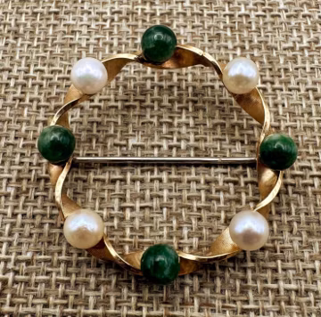 Vintage Krementz Jade Pearl Circle Brooch, Gold Filled Mid Century Pin