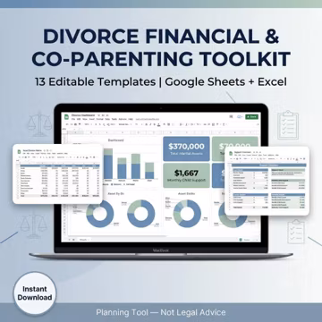 Divorce Planning Spreadsheet | Divorce Prep Toolkit Excel & Google Sheets | Asset Division Budget Alimony Child Support Co-Parenting Tracker
