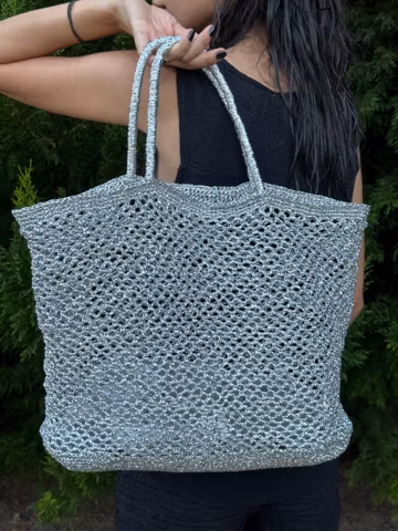 Metallic Crochet Tote Bag: Silver Woven Summer Shopper