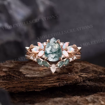 Pear Moss Agate Twig Engagement Ring Set, Solid Gold Curved Moissanite & Opal Wedding Rings