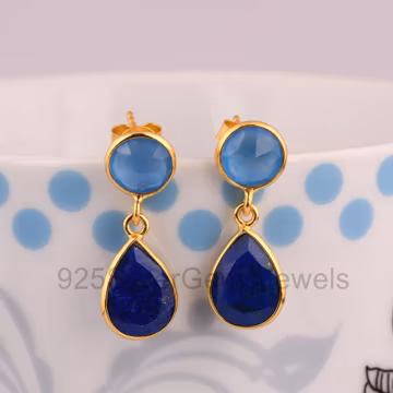 Gold Plated Sterling Silver Earrings, Blue Chalcedony and Lapis Lazuli