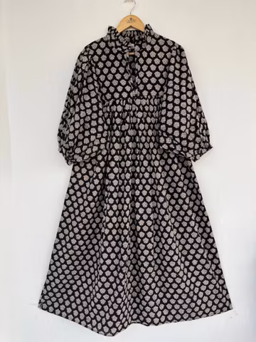 Ruffle Neck Maxi Dress - Cotton Block Print Dress - Boho Dresses - Black printed maxi dress