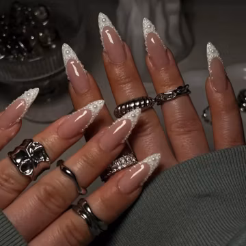 Pearl French Tip Press On Nails, Bridal Nails, Elegant Wedding Nails, White Pearl Nails, Classy Almond Press Ons