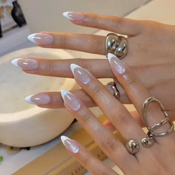 Glazed Cateye French Press On Nails โ White Tip Chrome Nails, Clean Girl Almond Nails, Bridal Luxury Press On Nails, Handmade Gel Set