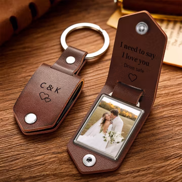 Personalized Leather Keychain for Men,Custom Metal Tag Photo Keychain,Engraved Keyring,Father's Day Anniversary Gift for Husband