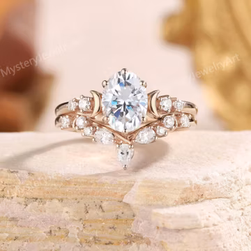 Art Deco Oval Moissanite Engagement Ring Set Rose Gold Moon Bridal Stacking Band