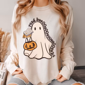 Ghost Reading Long Sleeve Heavy Weight Shirts, Halloween Teacher Shirts,Ghost Book Sweatshirt,Halloween Teacher Gifts,Teacher Long Sleeve