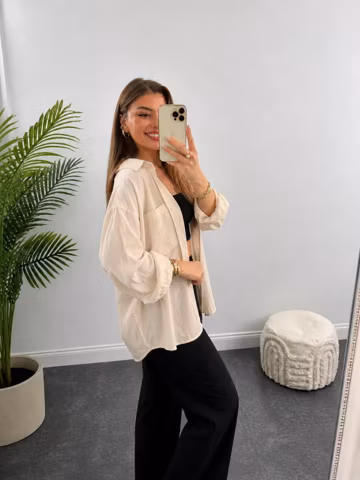 Cream Linen Oversized Shirt, Women’s Relaxed Fit Button Down Blouse, Long Sleeve Casual Layering Top