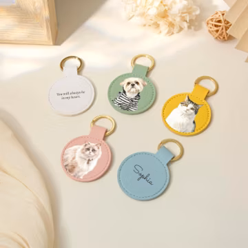 Personalized Leather Keychain with Pet Photo, Watercolor Pet Portrait Keychain, Dog Cat Lover Birthday Gift, Car Key Ring, Pet Loss Keepsake