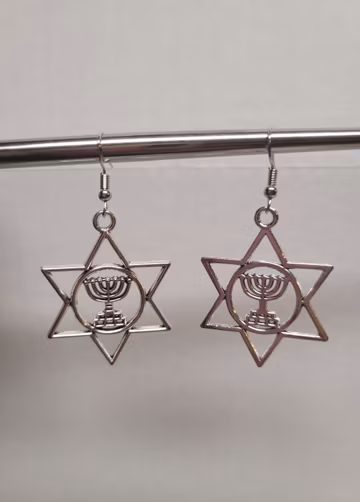 Silver star of David with menorah earrings