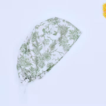 Green Floral Euro Scrub Cap: Satin Lined Cotton Surgical Hat, Green Floral Ponytail Scrub Cap for women, Green Floral Surgical caps.
