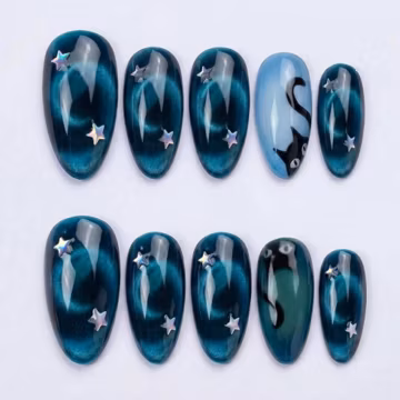 Midnight Cat Press On Nails With 3D Star, Cat Eye And Aura | Medium Almond Navy Blue Fake Nails | Celestial Handmade Nail Art For Halloween