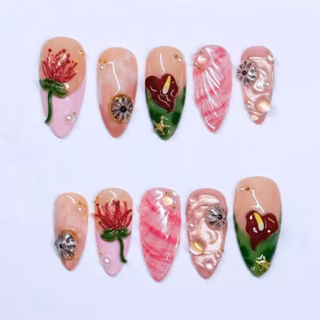Coral Bloom Press On Nails With 3D Lily, Shell And Pearl | Long Almond Rhinestone Fake Nails | Luxury Handmade Nail Art For Party Or Gift