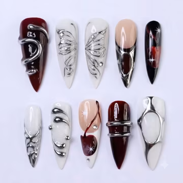 Silver Chrome Press On Nails With 3D Butterfly, Cherry, Star | Long Stiletto Cream Fake Nails | Y2K Glam Handmade Nail Art For Party Or Gift
