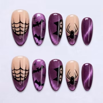 Purple Cat Eye Press On Nails With Spider, Web And Bat | Medium Almond Magnetic Fake Nails | Spooky Handmade Nail Art For Halloween Party
