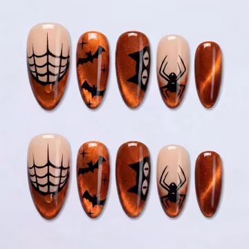 Copper Cat Eye Press On Nails With Spider, Web, Bat | Medium Almond Magnetic Fake Nails | Witchy Handmade Nail Art For Halloween, Fall Gift
