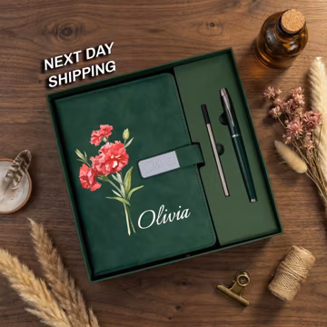 Engraved Birth Flower Leather Journal, Personalized Name Notebook Set, Birthday Gifts for Her, Thank You Teacher Gifts, Graduation Gift