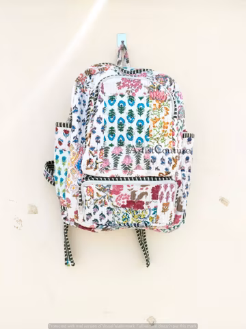 Handmade Block Printed Quilted Cotton Backpack: Bohemian Indian Tote