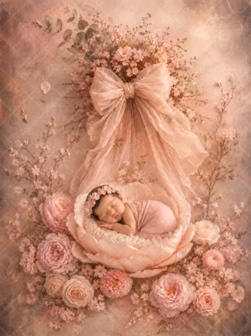 Newborn Digital Backdrop, Pink Rose with elegant Bow, Fine Art Photoshop Composite, Floral Photography Background, Instant Download