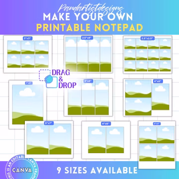 Printable Notepads Template Bundle, DIY Sticky Notes, 9 Sizes available, Drag and Drop, Letter Size 8.5 x 11 inches, Editable Canva Template