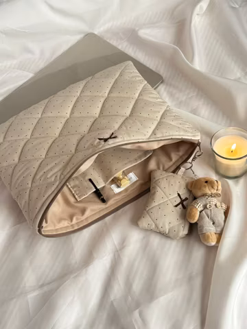 Beige Polka Dot Quilted Laptop Sleeve Set | Includes Mini Pouch & Teddy Charm | Handmade Padded Laptop Case 13-14 inch | Cute Gift for Her