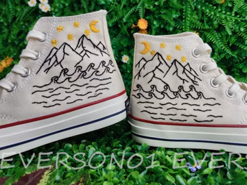 Custom Converse Embroidered Shoes Converse Chuck Taylor 1970s Custom Embroidered Waves Stars & Mountains floral Converse Shoes Wedding Gift