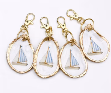 Handpainted Sailboat Oyster Shell Keychain Bag Charm Coastal Nautical Key Ring Shell Charm Beach Bachelorette Favor Preppy Ocean Accessory