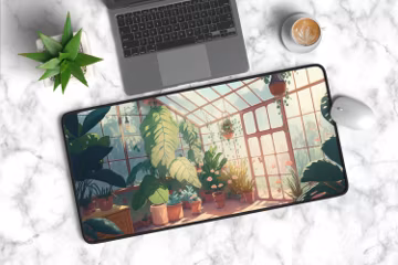 Lo-Fi Botanical Desk Mat, Plant Mousepad, Green Deskmat, Wildflower Garden Gaming Mouse Pad, Keyboard Mat, Cute Home Office Workspace Decor