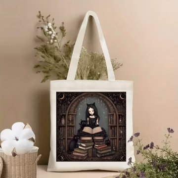 Gothic Girl Tote Bag with Black Cats, Dark Academia Book Lover Bag, Witchy Library Tote, Goth Bookish Gift for Reader