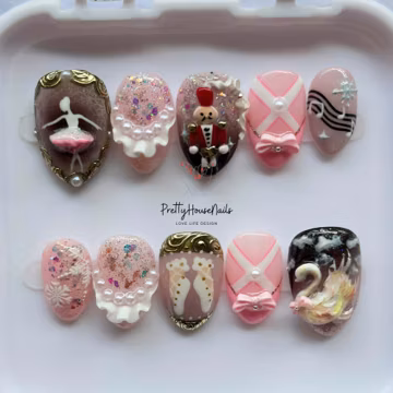 Custom Unique Press On Nails, Pink Ballet Swan Nutcracker 3D Art Handmade Christmas Nails Set