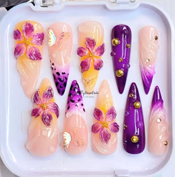 Purple Flower Press On Nails, Hand-painted Purple Acrylic False Dreamy Nails, Summer Color 3D Flowers Fake Nails, Spring Nail Sets, Gift Set