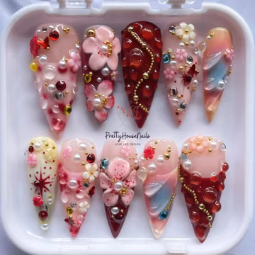 Handmade 3D Floral Press On Nails, Spring Nails, Cherry Blossom Fake Nails, Red Pink Pearl Nail Art, Reusable False Nails for Women Gift.