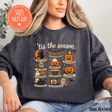Tis The Season Halloween Sweatshirt, Witch Pumpkin Graphic Crewneck, Cute Fall Women's Apparel