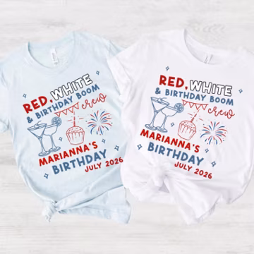 Personalised July 4th Birthday Squad Shirts, Red White Boom Tees