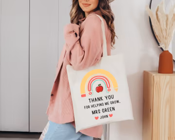 Custom Teacher Name Tote Bag, Appreciation Christmas Gift, Cute School Leaving Shoulder Canvas