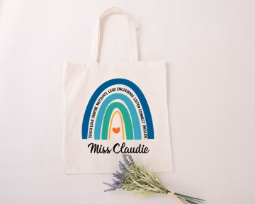 Personalized Teacher Tote Bag, Appreciation Gift For Teachers, Custom Teacher Thank You Bag, Blue Rainbow Motivational Bag, Christmas Gift