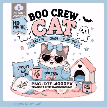 Boo Crew Cat PNG | Cute Halloween Cat PNG | Cat Mom Ghost Shirt Design | Retro Spooky Cat Sublimation PNG | Instant Download