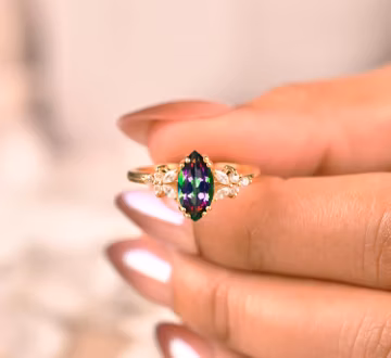 Rainbow Mystic Topaz Marquise Engagement Ring, 14K Gold Floral Design