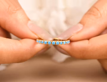 Turquoise Full Eternity Band, 14K Yellow Gold Dainty Wedding Ring, Sleeping beauty jewelry, Gifts