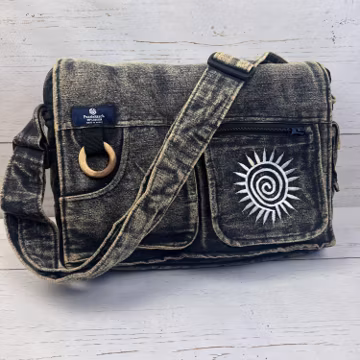 Black Stone-Washed Embroidered Messenger Bag,Unisex Cotton Laptop Shoulder Bag, Laptop Messenger Bag,Large Laptop Crossbody,Messenger Bag