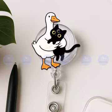 Goose Hugging Black Void Cat Badge Reel, Funny Animal Meme ID Holder, Loading Cat Badge Clip, Nurse Gift, Vet Tech Accessory, Work Badge