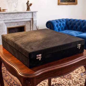 Chess Storage Box for 15" chess board, 4" King chess pieces storage tray, black velvet fabric, Heirloom custom chess case gift for him